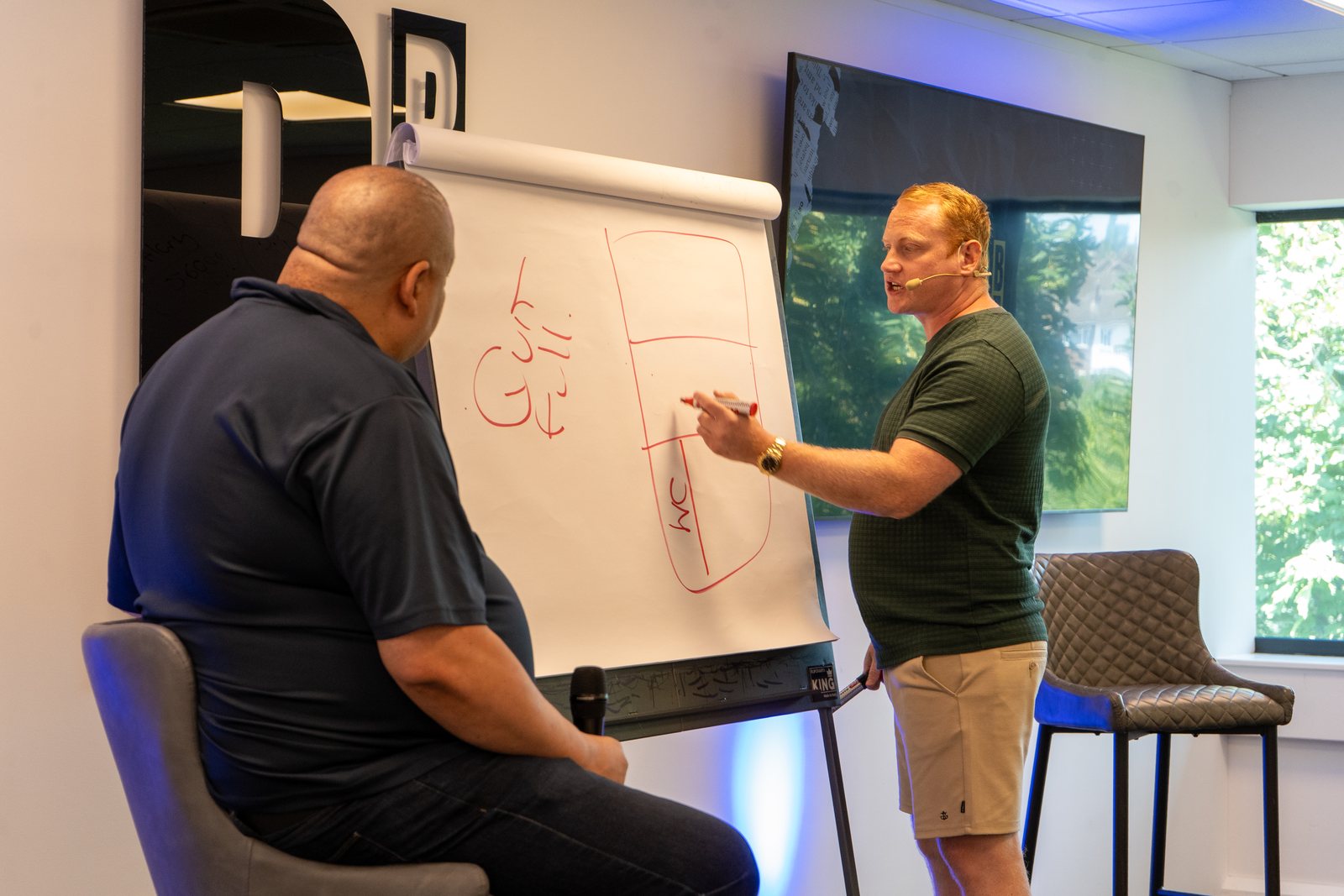 Adam Stott coaching a business owner one-to-one at a flipchart during a Business Scale Up hot seat